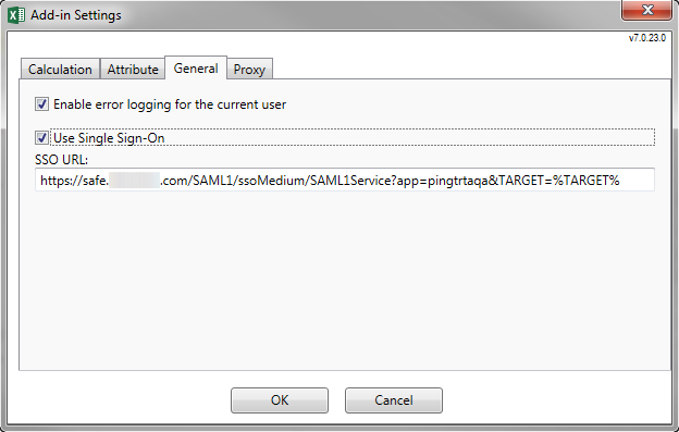 Screen capture showing the Add-in Settings pop-up and the General tab where you select "Use Single Sign-On."